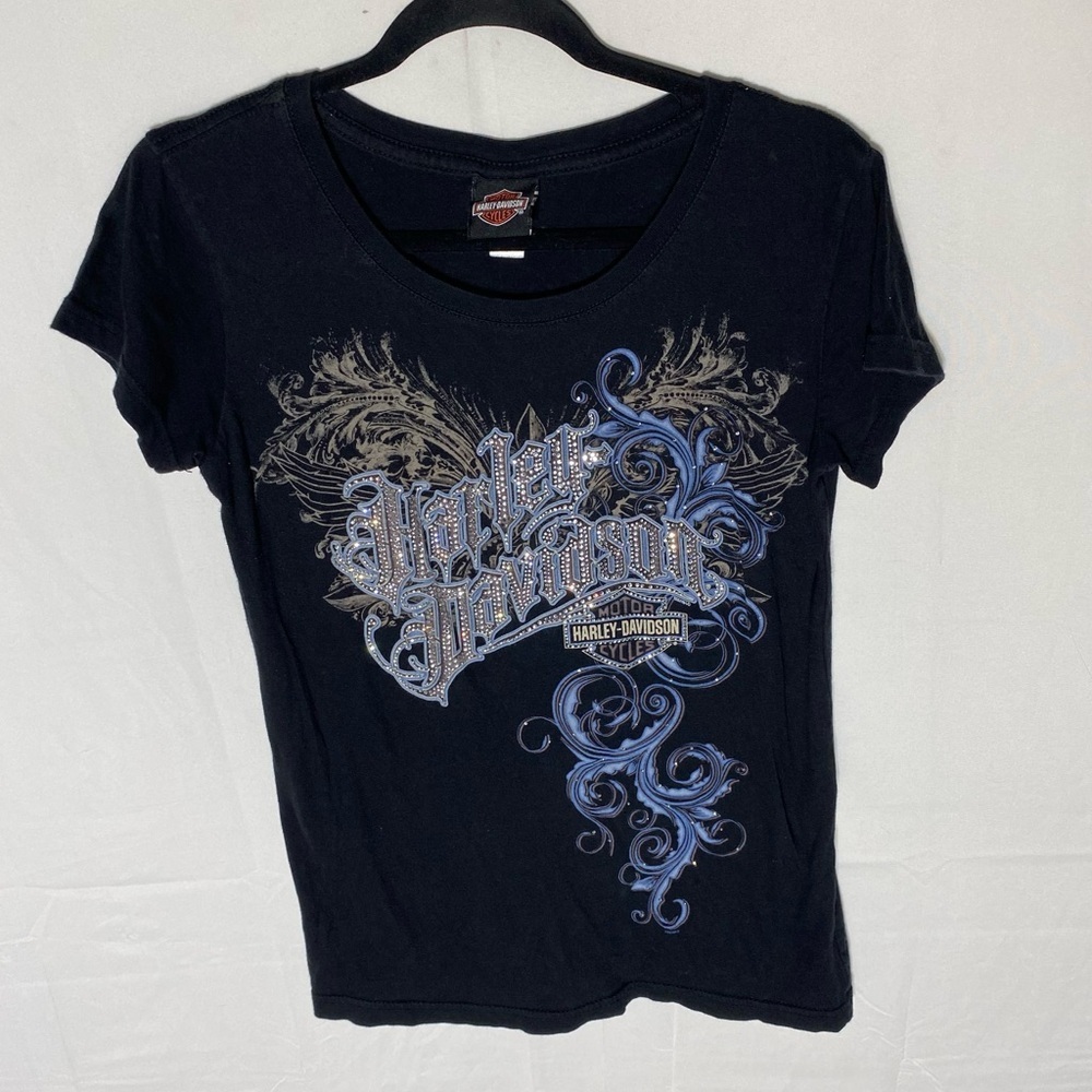 Harley-Davidson Black Graphic T Shirt W Gems  Gasoline Alley Red Deer M